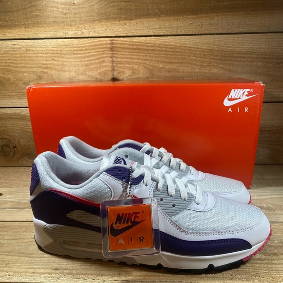 NEW: Nike Air Max 90 White/Eggplant/Red Sneakers: CW1360-100 - Picture 3 of 16